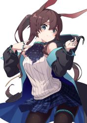 Rule 34 | 1girl, absurdres, amiya (arknights), animal ears, arknights, ascot, bare shoulders, black coat, black pantyhose, blue skirt, blush, brown hair, closed mouth, coat, contrapposto, cowboy shot, eyebrows hidden by hair, green eyes, highres, jewelry, long hair, long sleeves, looking at viewer, miniskirt, multiple rings, off shoulder, open clothes, open coat, pantyhose, plaid, plaid skirt, pleated skirt, ponytail, purple ascot, rabbit ears, ring, shirt, sidelocks, simple background, skirt, smile, solo, thighlet, toga (toganawa), very long hair, white background, white shirt