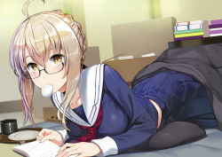 Rule 34 | 1girl, ahoge, amazon (company), artoria pendragon (fate), black-framed eyewear, blonde hair, blue shirt, blue skirt, blush, book, book stack, braid, breasts, collarbone, commentary request, eating, fate/grand order, fate (series), food, french braid, glasses, hair between eyes, indoors, kotatsu, long sleeves, looking at viewer, lying, medium breasts, mouth hold, mysterious heroine x alter (fate), mysterious heroine x alter (first ascension) (fate), nonderi, open book, pillow, pleated skirt, room, sailor collar, school uniform, semi-rimless eyewear, serafuku, shirt, sidelocks, skirt, solo, table, under-rim eyewear, yellow eyes