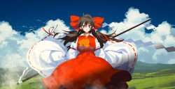 Rule 34 | 1girl, absurdres, bird, black hair, brown eyes, brown hair, chinese commentary, cloud, commentary request, cowboy shot, detached sleeves, gohei, hair tubes, hakurei reimu, highres, huang gua, long hair, long sleeves, looking at viewer, outdoors, red ribbon, red shirt, red skirt, ribbon, ribbon-trimmed sleeves, ribbon trim, shirt, skirt, smile, solo, touhou, wide sleeves, window, yellow neckwear