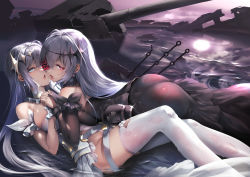 Rule 34 | 2girls, :o, ass, azur lane, black dress, blue eyes, breast press, breasts, cannon, commentary request, detached sleeves, dress, drop earrings, earrings, emden (azur lane), flower, flower over eye, girl on top, grey hair, highres, holding hands, interlocked fingers, jewelry, large breasts, long hair, long sleeves, looking at viewer, lying, multiple girls, on back, red eyes, red flower, red rose, reflection, reflective water, rose, thighhighs, tongue, tongue out, usuki (graygreed), water, white dress, white thighhighs, yuri