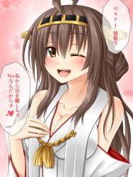 Rule 34 | 10s, 1girl, ahoge, blush, braid, breasts, brown eyes, brown hair, cleavage, detached sleeves, hairband, hanazome dotera, japanese clothes, kantai collection, kongou (kancolle), large breasts, one eye closed, open mouth, personification, solo, translated, wink