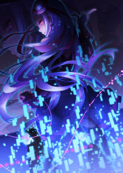 Rule 34 | 1girl, absurdres, black dress, braid, closed mouth, dress, floating hair, from behind, hair ornament, hair ribbon, highres, holding, holding microphone, index finger raised, long hair, looking at viewer, looking back, microphone, oboro neko, profile, purple hair, red eyes, red ribbon, ribbon, smile, solo, sword art online, very long hair, yuna (sao)