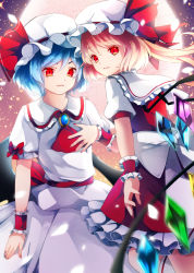Rule 34 | 2girls, absurdres, aru16, ascot, bat wings, blonde hair, blue hair, bow, brooch, collared shirt, commentary, cowboy shot, crystal, dress, fingernails, flandre scarlet, frilled shirt collar, frilled skirt, frilled sleeves, frills, full moon, hair between eyes, hand on own chest, hat, hat ribbon, highres, jewelry, long hair, looking at viewer, mob cap, moon, multiple girls, nail polish, parted lips, ponytail, puffy short sleeves, puffy sleeves, red ascot, red bow, red eyes, red nails, red ribbon, red skirt, red vest, remilia scarlet, ribbon, sharp fingernails, shirt, short hair, short sleeves, siblings, sisters, skirt, skirt set, slit pupils, sparkle, touhou, vest, waist bow, white bow, white dress, white headwear, white shirt, wings, wrist cuffs