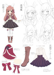 Rule 34 | 1girl, :o, ^ ^, animal ears, argyle, black skirt, blush, boots, bow, brooch, brown capelet, brown eyes, brown footwear, brown hair, capelet, character sheet, chitosezaka suzu, closed eyes, closed mouth, commentary request, cross-laced footwear, expressions, frilled capelet, frilled thighhighs, frills, hair bow, highres, jewelry, lace-up boots, long hair, long sleeves, multiple views, original, parted lips, rabbit ears, red bow, shirt, simple background, sketch, skirt, sleeves past wrists, smile, striped clothes, striped skirt, thighhighs, translation request, vertical-striped clothes, vertical-striped skirt, very long hair, white background, white shirt, white thighhighs