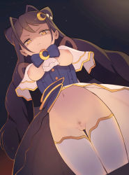 Rule 34 | 1girl, blouse, blue shirt, blush, bow, bowtie, breasts, breasts out, brown hair, capelet, cleft of venus, crescent, crescent hair ornament, crescent moon, dress, dutch angle, female focus, female pubic hair, from below, hair ornament, kiratto pri chan, long hair, looking at viewer, looking down, luluna (kiratto pri chan), medium breasts, moon, navel, night, nipples, no panties, pretty series, pubic hair, pussy, scowl, shirt, shisha no karada, solo, standing, symbol-shaped pupils, thighhighs, uncensored, white thighhighs, yellow eyes