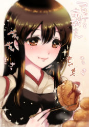 Rule 34 | 10s, 1girl, akagi (kancolle), blush, brown eyes, brown hair, chopsticks, croquette, eating, food, japanese clothes, kantai collection, long hair, muneate, personification, simple background, smile, solo, sparkle, tamochi (tamochi213)