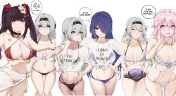 Rule 34 | 4girls, :d, :t, ^ ^, absurdres, acheron (honkai: star rail), alternate breast size, alternate costume, annotated, arm around shoulder, bare shoulders, bell, bikini, bikini under clothes, black bikini, black choker, black hair, black hairband, blue eyes, blunt bangs, blush, breasts, cake, chest tattoo, choker, cleavage, closed eyes, clothes writing, commentary, cowboy shot, criss-cross halter, crop top, english commentary, english text, facial mark, feet out of frame, firefly (honkai: star rail), food, fox mask, grey hair, grin, hair over one eye, hairband, halterneck, hand up, highres, holding, holding tray, honkai: star rail, honkai (series), i&#039;m stuff (meme), jingle bell, kagurachi, large breasts, long hair, looking at viewer, march 7th (honkai: star rail), mask, mask on head, medium breasts, meme, midriff, multiple girls, multiple views, navel, neck bell, no pants, off shoulder, open mouth, parted lips, pink eyes, pink hair, pink lips, purple bikini, purple eyes, purple hair, red bikini, sarong, see-through, shirt, short sleeves, sidelocks, simple background, smile, sparkle (honkai: star rail), speech bubble, standing, stomach, swimsuit, tattoo, thighs, tied shirt, tray, twintails, two-tone eyes, very long hair, white background, white bikini, white shirt