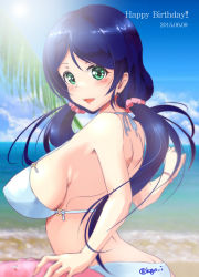 Rule 34 | 10s, 1girl, ass, bikini, blush, breasts, butt crack, female focus, green eyes, highres, kgo, large breasts, long hair, looking at viewer, love live!, love live! school idol project, open mouth, purple hair, sideboob, smile, solo, swimsuit, tojo nozomi, twintails