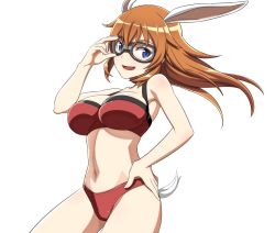 Rule 34 | 1girl, adjusting goggles, animal ears, bikini, blue eyes, breasts, charlotte e. yeager, commentary, cowboy shot, goggles, hand on own hip, large breasts, long hair, looking at viewer, nanashino, navel, open mouth, orange hair, rabbit ears, rabbit girl, rabbit tail, red bikini, simple background, smile, solo, standing, strike witches, swimsuit, tail, white background, wind, world witches series