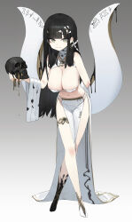 Rule 34 | 1girl, absurdres, arm behind back, bare shoulders, bikini, black hair, breasts, cleavage, closed mouth, commentary, crossed legs, egyptian, eyepatch bikini, green eyes, grey background, highres, holding, holding skull, large breasts, light frown, long hair, looking at viewer, navel, original, pelvic curtain, romana, side slit, simple background, skirt, skull, solo, standing, straight hair, swimsuit, white bikini, white skirt