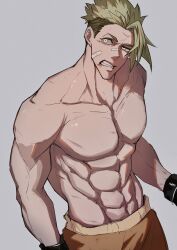 Rule 34 | 1boy, abs, absurdres, achilles (fate), bandaid, bandaid on face, bandaid on nose, boxing gloves, collarbone, fate (series), green hair, grey background, grimace, haruakira, highres, large pectorals, male focus, mature male, muscular, muscular male, orange shorts, pectorals, short hair, shorts, simple background, solo, upper body, yellow eyes