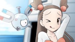 Rule 34 | &gt; o, 1girl, 3d, anger vein, arm behind head, blouse, blurry, blurry background, bow, brown eyes, brown hair, closed mouth, collarbone, commentary, creatures (company), day, eyelashes, game freak, gen 1 pokemon, greatm8, gym leader, hair bobbles, hair ornament, highres, jasmine (pokemon), long hair, magnemite, nintendo, one eye closed, orange bow, outdoors, pokemon, pokemon (creature), pokemon hgss, pussy juice, raised eyebrows, shirt, sideways glance, sky, smile, source filmmaker (medium), tehepero, tongue, tongue out, two side up, upper body, white shirt
