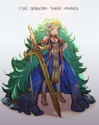 Rule 34 | 1girl, absurdly long hair, barefoot, braid, cape, english text, fire emblem, fire emblem: three houses, full body, gem, green eyes, green hair, hair ornament, holding, holding sword, holding weapon, huge weapon, jewelry, krazehkai, long hair, looking at viewer, matching hair/eyes, multicolored hair, nintendo, pointy ears, side braid, simple background, solo, sothis (fire emblem), sword, tiara, twin braids, twintails, very long hair, weapon, white background