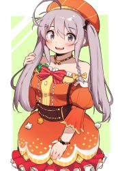 Rule 34 | 1girl, ahoge, alternate hairstyle, bad id, bad twitter id, blush, bow, bracelet, braid, breasts, detached sleeves, grey eyes, grey hair, hair between eyes, hair bow, hair ornament, hairclip, hat, highres, hoshi syoko, idolmaster, idolmaster cinderella girls, jewelry, korean commentary, looking at viewer, mg pong, necklace, open mouth, orange hat, sharp teeth, side braid, simple background, small breasts, solo, teeth, twintails, yellow bow