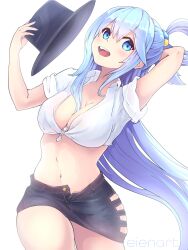 Rule 34 | 1girl, alternate costume, aqua (konosuba), arm behind head, arm up, blue eyes, blue hair, blue nails, breasts, casual, cleavage, collared shirt, cowboy shot, crop top, denim, denim skirt, eienart, front-tie top, hair between eyes, hair flaps, hat, unworn hat, unworn headwear, highres, hip vent, holding, holding clothes, holding hat, kono subarashii sekai ni shukufuku wo!, large breasts, leaning to the side, long hair, looking at viewer, medium breasts, midriff, miniskirt, navel, open fly, open mouth, pencil skirt, ponytail, shirt, short sleeves, shorts, sidelocks, simple background, single hair ring, skindentation, skirt, sleeves rolled up, smile, solo, standing, standing on one leg, tied shirt, top hat, very long hair, white background, white shorts
