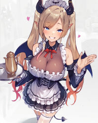 Rule 34 | 1girl, apron, bare shoulders, black dress, black sleeves, blonde hair, blue eyes, blush, breasts, cleavage, cup, demon girl, demon horns, demon tail, demon wings, detached sleeves, dress, frilled dress, frilled skirt, frilled sleeves, frills, from above, garter straps, grin, hand up, headdress, heart, highres, hololive, horns, large breasts, long hair, long sleeves, looking at viewer, maid, maid apron, maid headdress, maro2ki3, neck ribbon, official alternate costume, open hand, open mouth, pointy ears, ribbon, see-through, see-through cleavage, skirt, smile, solo, swept bangs, tail, teapot, thighhighs, thighs, tray, twintails, virtual youtuber, white apron, white thighhighs, wing collar, wings, yuzuki choco, yuzuki choco (maid)