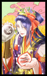 Rule 34 | 10s, 1boy, androgynous, black hair, bow, cloud, detached sleeves, flower, gooya, gourd, gradient background, hair bow, hair flower, hair ornament, hair stick, highres, japanese clothes, jirou tachi, male focus, open mouth, personification, smile, solo, touken ranbu, upper body, yellow eyes