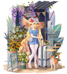 Rule 34 | 1girl, absurdly long hair, absurdres, animal, animal ears, bag, bird, blonde hair, blue dress, cat, chinese commentary, commentary request, dress, earrings, fh moya, flat chest, flower, food, food in mouth, full body, hair between eyes, hat, hat flower, highres, jewelry, long hair, looking at viewer, luggage, original, pantyhose, plant, popsicle, potted plant, red flower, sandals, short sleeves, shoulder bag, solo, standing, straw hat, sun hat, sunflower, twintails, very long hair, white flower, white pantyhose, yellow eyes, yellow flower, yellow hat