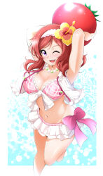 Rule 34 | 1girl, ;d, alternate breast size, armpits, arms up, ball, bikini, bikini skirt, bow, breasts, cleavage, cropped jacket, flower, glint, hair flower, hair ornament, hairband, hibiscus, highres, holding, holding ball, jewelry, kirisaki reina, large breasts, looking at viewer, love live!, medium hair, mismatched bikini, navel, necklace, nishikino maki, one eye closed, open mouth, pearl necklace, pink bow, purple eyes, red hair, smile, solo, standing, standing on one leg, stomach, swimsuit, tomato, white bow, white hairband, yellow flower