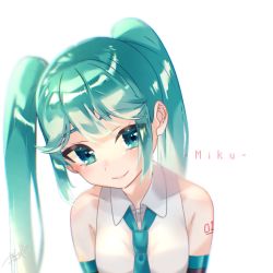 Rule 34 | 1girl, aqua necktie, arm tattoo, blouse, blue eyes, blue hair, character name, detached sleeves, hatsune miku, looking to the side, necktie, portrait, shirt, sleeveless, sleeveless shirt, smile, solo, tattoo, tsubakihime (ohime 0515), vocaloid, white background, white shirt