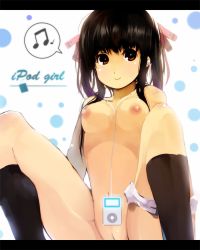 Rule 34 | 1girl, bad id, bad pixiv id, beamed quavers, black hair, breasts, brown eyes, digital media player, hair ribbon, ipod, letterboxed, medium breasts, musical note, nauribon, nipples, nude, original, pussy, ribbon, sitting, smile, solo, speech bubble, spoken musical note, uncensored