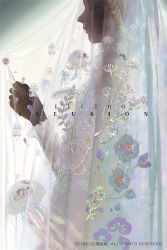 Rule 34 | 1girl, 2018, blonde hair, braid, bridal veil, closed eyes, dark-skinned female, dark skin, dated, dress, english text, fingernails, floral print, flower, frilled sleeves, frills, hand up, head out of frame, holding, holding flower, jellyfish, long hair, long sleeves, original, parted lips, profile, sarnath, seaweed, see-through, signature, solo, sunlight, texture, veil, wavy hair, wedding dress, white dress