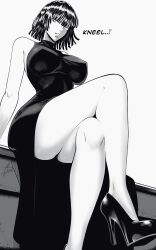 Rule 34 | 1girl, absurdres, black dress, black hair, bob cut, breasts, crossed legs, dress, english text, eyebrows hidden by hair, fubuki (one-punch man), full body, greyscale, heart, high heels, highres, large breasts, long legs, looking at viewer, monochrome, mostlybluewyatt, one-punch man, open mouth, parted lips, short hair, simple background, sitting, sleeveless, sleeveless dress, solo, teeth, thighs, underboob, white background