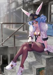 1girl, animal ear fluff, animal ears, baseball cap, bikini, bikini top, bikini under clothes, black gloves, black headwear, blue hair, breasts, brown bikini, brown legwear, building, bunny ears, casual, cleavage, collarbone, commentary, day, denim, denim skirt, dog tags, double bun, ears through headwear, full body, fur-trimmed gloves, fur-trimmed skirt, fur trim, gloves, hat, highres, hip bones, hololive, jacket, legs, legs crossed, looking at viewer, microskirt, multicolored hair, navel, open clothes, open jacket, orange eyes, outdoors, pantyhose, parted lips, partially fingerless gloves, proudsoul, railing, shoes, short sleeves, side slit, sitting, skirt, small breasts, smile, sneakers, solo, stairs, stomach, sunglasses, sunlight, swimsuit, two-tone hair, usada pekora, virtual youtuber, white footwear, white hair, white jacket