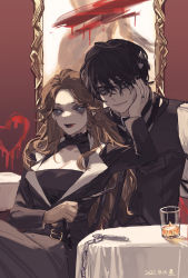 Rule 34 | 1boy, 1girl, absurdres, ada mesmer, alcohol, black hair, black nails, blood, brown hair, button eyes, buttons, chain, choker, couple, earrings, emil (identity v), formal, glass, hand on another&#039;s face, highres, holding, identity v, jewelry, long hair, looking at viewer, nail polish, panni xing, red lips, ring, smile, suit, vest