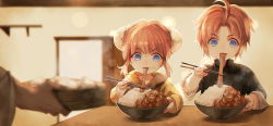 Rule 34 | 1boy, 1girl, aged down, ahoge, bamboo steamer, baozi, blue eyes, blurry, bokeh, bowl, brother and sister, bun cover, child, chinese clothes, chopsticks, depth of field, double bun, eating, eyebrows, food, food in mouth, food on face, gintama, hair bun, holding, hood, hood down, indoors, j.w, kagura (gintama), kamui (gintama), long hair, long sleeves, open door, orange hair, out of frame, rice, siblings, sleeves rolled up, steam, table