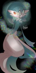 Rule 34 | 1girl, absurdres, alternate color, artist name, black background, blue hair, blue skin, bob cut, bug, butterfly, closed mouth, colored skin, creatures (company), female focus, flat chest, full body, game freak, gardevoir, gen 3 pokemon, glowing, hair between eyes, hand up, highres, ingo (rizumu), insect, kneeling, looking to the side, medium hair, multicolored skin, nintendo, one eye covered, pokemon, pokemon (creature), red eyes, shiny pokemon, signature, simple background, solo, two-tone skin, white skin