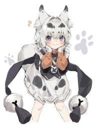 Rule 34 | 1girl, animal ear fluff, animal ears, bare legs, blush, character request, douya (233), hands on own face, looking at viewer, short hair, smile, solo, white hair
