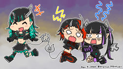 Rule 34 | +++, 3girls, ^ ^, artist name, belt, black footwear, black hair, black jacket, black legwear, black pants, black skirt, black sports bra, blank eyes, blue belt, blue hair, blunt bangs, breasts, chain, chest belt, chibi, closed eyes, clothing cutout, commentary request, cropped jacket, cross-laced clothes, cross-laced sleeves, demon girl, demon horns, demon tail, ear chain, ear piercing, engacyo (engacyo39800yen), fang, flat chest, full body, garter straps, grey skirt, highres, horns, jacket, kojo anna, kojo anna (1st costume), layered skirt, long hair, long sleeves, looking at another, medium breasts, midriff, multicolored hair, multiple girls, nanashi inc., navel, open clothes, open jacket, open mouth, pants, piercing, pointy ears, purple hair, red hair, ryugasaki rene, ryugasaki rene (1st costume), shishio chris, shoes, short hair, shoulder cutout, single thighhigh, skin fang, skirt, smile, sneakers, sports bra, sugar lyric, tail, thighhighs, twintails, two-tone hair, underboob, v-shaped eyebrows, virtual youtuber, walking, zipper skirt
