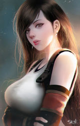 Rule 34 | 1girl, artist name, bare shoulders, black gloves, breasts, brown eyes, brown hair, chromatic aberration, commentary, earrings, elbow gloves, english commentary, eyelashes, final fantasy, final fantasy vii, final fantasy vii remake, fingerless gloves, gloves, highres, jewelry, large breasts, lips, long hair, looking at viewer, nose, nostrils, parted lips, pink lips, razaras, shirt, signature, solo, suspenders, swept bangs, tank top, taut clothes, taut shirt, teeth, tifa lockhart, upper body, upper teeth only