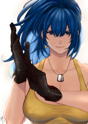 Rule 34 | 1girl, bare shoulders, blue eyes, breasts, cleavage, closed mouth, collarbone, dog tags, earrings, gloves, hair between eyes, jewelry, large breasts, leona heidern, long hair, looking at viewer, muscular, muscular female, simple background, snk, solo, tank top, the king of fighters, the king of fighters xiv, the king of fighters xv, triangle earrings, white background, yasunososaku, yellow tank top