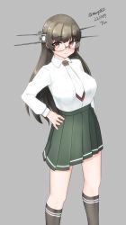 Rule 34 | 1girl, absurdres, alternate costume, black hair, black socks, breasts, choukai (kancolle), closed mouth, dated, feet out of frame, glasses, green skirt, hand on own hip, headgear, highres, kantai collection, large breasts, long hair, long sleeves, maru (marg0613), necktie, one-hour drawing challenge, pleated skirt, red eyes, rimless eyewear, shirt, simple background, skirt, smile, socks, solo, twitter username, very long hair, white necktie, white shirt