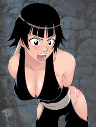 Rule 34 | 00s, 1girl, arms behind back, ass, bent over, black eyes, black hair, bleach, blush, breasts, cleavage, diisuke, hanging breasts, highres, large breasts, leaning forward, short hair, solo, sui-feng