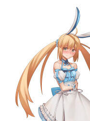 Rule 34 | 1girl, absurdres, ahoge, animal ear hairband, animal ears, argyle clothes, artoria caster (fate), artoria caster (swimsuit) (fate), artoria caster (swimsuit) (second ascension) (fate), artoria pendragon (fate), bare shoulders, blonde hair, blue dress, blush, bow, breasts, dress, dress bow, fake animal ears, fate/grand order, fate (series), green eyes, hairband, highres, long hair, looking at viewer, puffy short sleeves, puffy sleeves, rabbit ears, shiki zzy, short sleeves, simple background, smile, solo, striped clothes, striped thighhighs, thighhighs, twintails, type-moon, vertical-striped clothes, white background