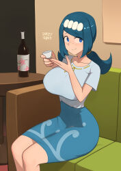 Rule 34 | 1girl, alcohol, barleyshake, blue eyes, blue hair, blue shirt, blue skirt, bottle, breasts, collarbone, couch, creatures (company), cup, drink, drinking glass, freckles, game freak, hairband, highres, holding, lana&#039;s mother (pokemon), large breasts, long hair, looking at viewer, mature female, nintendo, pokemon, pokemon (anime), pokemon sm (anime), ponytail, shirt, short sleeves, shot glass, sitting, skirt, smile, table, wine, wine bottle
