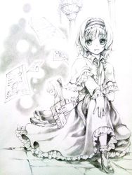 Rule 34 | 1girl, alice margatroid, bad id, bad pixiv id, book, bow, capelet, dress, closed eyes, frilled dress, frills, graphite (medium), grimoire, grimoire of alice, hair bow, hairband, hexagram, holding, holding book, kneeling, lakestep55, magic circle, monochrome, pages, shanghai doll, short hair, sitting, smile, solo, star of david, stool, touhou, traditional media