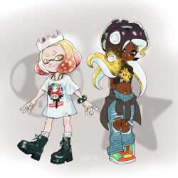Rule 34 | + +, 2girls, alternate costume, arms behind back, black hair, blonde hair, cephalopod eyes, chain necklace, closed mouth, cropped shirt, crown, dark-skinned female, dark skin, foot up, full body, green eyes, headphones, highres, inkling, jewelry, legs apart, long hair, looking at viewer, marina (splatoon), mario (series), medium hair, midriff, mole, mole under mouth, multicolored hair, multiple girls, navel, navel piercing, necklace, nintendo, octoling, pants, pantyhose, pearl (splatoon), piercing, pink pupils, red hair, ring, shirt, shoes, short sleeves, shorts, smile, socks, splatoon (series), splatoon 2, standing, standing on one leg, stomach, stup-jam, suction cups, super mushroom, super star (mario), t-shirt, tentacle hair, torn clothes, torn pantyhose, yellow eyes
