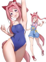 Rule 34 | 1girl, absurdres, animal ears, blue one-piece swimsuit, casual, competition school swimsuit, cowboy shot, haru urara (umamusume), headband, highleg, highleg swimsuit, highres, horse ears, horse girl, horse tail, long hair, multiple views, one-piece swimsuit, overall shorts, overalls, pink eyes, pink hair, pink shirt, ponytail, red footwear, red headband, school swimsuit, shirt, shoes, simple background, sneakers, standing, swimsuit, tail, tracen swimsuit, umamusume, white background, whitek, zoom layer