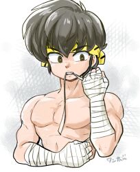 Rule 34 | 1boy, abstract background, arm across waist, arm up, bandage in mouth, bandaged arm, bandaged hand, bandages, bare pectorals, bare shoulders, black hair, brown eyes, clenched hand, clenched teeth, eyebrows visible through headband, fang, headband, hibiki ryouga, looking at hand, male focus, muscular, muscular male, pectorals, ranma 1/2, short hair, signature, teeth, tiger stripes, topless male, tying, wanta (futoshi), yellow headband