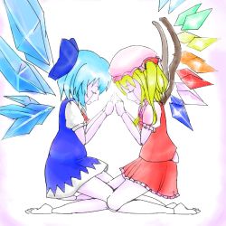 Rule 34 | 2girls, barefoot, blonde hair, blue hair, bow, cirno, doll joints, dress, closed eyes, flandre scarlet, hair bow, hat, joints, lowres, minama, multiple girls, short hair, side ponytail, skirt, symmetry, embodiment of scarlet devil, touhou, wings