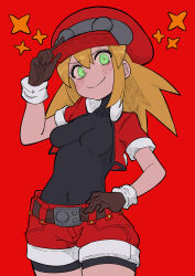 Rule 34 | 1girl, absurdres, adjusting clothes, adjusting headwear, black bodysuit, blonde hair, blush, bodysuit, bodysuit under clothes, breasts, buzzlyears, cabbie hat, covered collarbone, covered navel, cowboy shot, cropped jacket, green eyes, hat, highres, jacket, looking at viewer, mega man (series), mega man legends (series), open clothes, open jacket, red background, red hat, red jacket, red shorts, roll caskett (mega man), shorts, simple background, sleeves rolled up, small breasts, smile, solo, star (symbol)