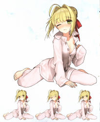 Rule 34 | 1girl, ahoge, barefoot, blonde hair, blush, breasts, cleavage, closed eyes, digital thermometer, expressions, fate/extra, fate/extra ccc, fate (series), fever, green eyes, hair intakes, hair ribbon, highres, leaning forward, looking at viewer, medium breasts, multiple views, nero claudius (fate), nero claudius (fate) (all), nero claudius (fate/extra), one eye closed, open mouth, pajamas, ribbon, shouting, sick, simple background, sitting, smile, sweat, thermometer, wada arco, wariza