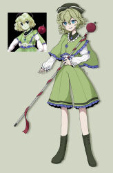Rule 34 | 1girl, :d, black footwear, black headwear, blue eyes, boots, capelet, commentary request, cross-laced footwear, full body, green capelet, green hair, green shorts, grey background, hiratose02 (mxx 459), holding, long sleeves, looking at viewer, open mouth, original, reference inset, short hair, shorts, simple background, smile, solo, standing, touhou