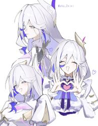 1girl 4-finger_heart_hands artist_name blue_eyes breasts closed_eyes commentary hair_between_eyes heart heart_hands highres honkai_(series) honkai_impact_3rd long_hair misteln_schariac multicolored_hair multiple_views open_mouth puffy_sleeves purple_hair sho_2nini smile streaked_hair triangle_mouth two-tone_hair white_hair