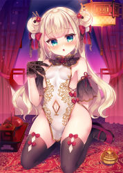 Rule 34 | 1girl, bare shoulders, black gloves, black thighhighs, blonde hair, blush, bow, breasts, chestnut mouth, china dress, chinese clothes, clothing cutout, commentary request, curtains, double bun, dress, flower, gloves, green eyes, hair bun, hair flower, hair ornament, hand up, highres, long hair, looking at viewer, navel, navel cutout, original, parted lips, red bow, red flower, red footwear, shoes, sleeveless, sleeveless dress, small breasts, solo, suzunone rena, teapot, thighhighs, transparent, tray, very long hair, white dress