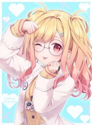 Rule 34 | 1girl, :p, blonde hair, blush, cardigan, coat, commentary, get over it. (project sekai), gradient hair, hair ornament, hairclip, hand on own head, hinata mizuiro, id card, lab coat, long hair, long sleeves, looking at viewer, multicolored hair, one eye closed, open clothes, open coat, pink eyes, pink hair, project sekai, round eyewear, scientist, sweater, tehepero, tenma saki, tongue, tongue out, twintails, white coat, yellow cardigan, yellow sweater
